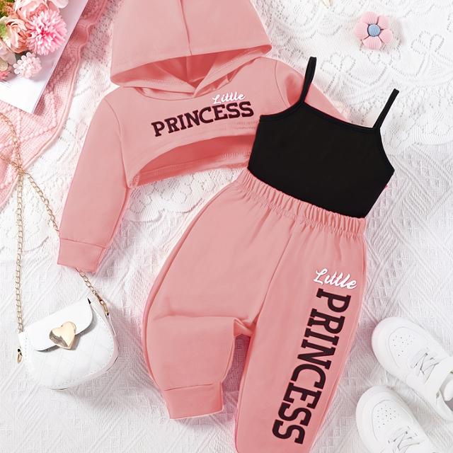 TEMU Girl Letter Print Street Casual 3pcs Kids Hoodie Crop Top & Tank Top & Pants Set, For Outdoor