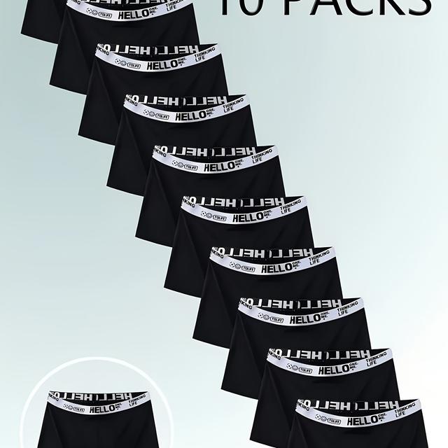 TEMU 10er-Pack Herren Baumwolle Boxershorts, HELLO Buchstabenmuster, bequeme Stretch-Strickstoff, 95% Baumwolle 5% Spandex, lässiges Kurzunterwäsche, 200gsm - Schwarz