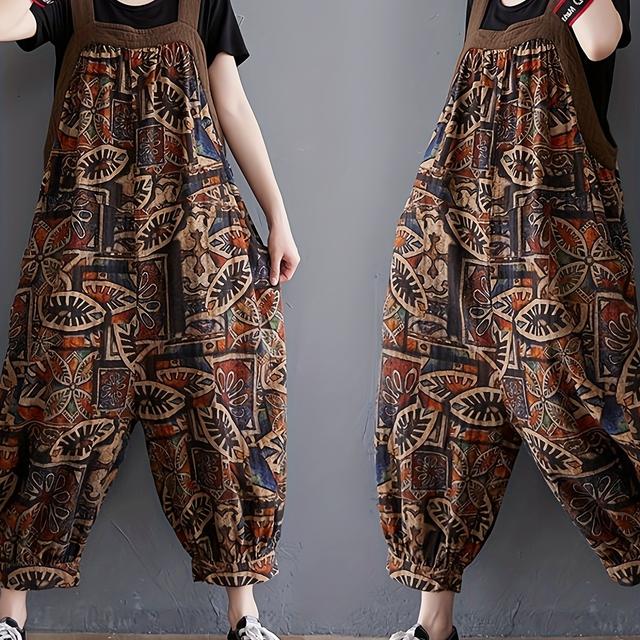 TEMU プラスサイズ・ヴィンテージルプリントスーツ - ルーズフィットオフショルダーレスノースリーブポケット付き、洗濯機対応夏用カジュアルトラベルウェア（XL-4XL）