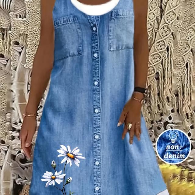 TEMU Plus Size - Plus Size - Blauwe jurk tot de knie zonder mouwen voor dames met een 3D-bloemenprint en ronde halslijn in grote maten