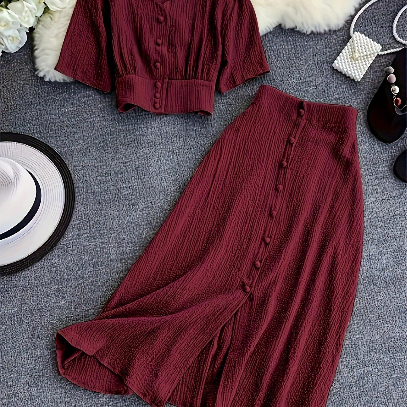 TEMU Women' V-neck Short Top And Mid-length Slit Skirt Elegant Fashion Two-piece Set Women's Valentine's Outfit Valentine's Day Party Set [ns702]