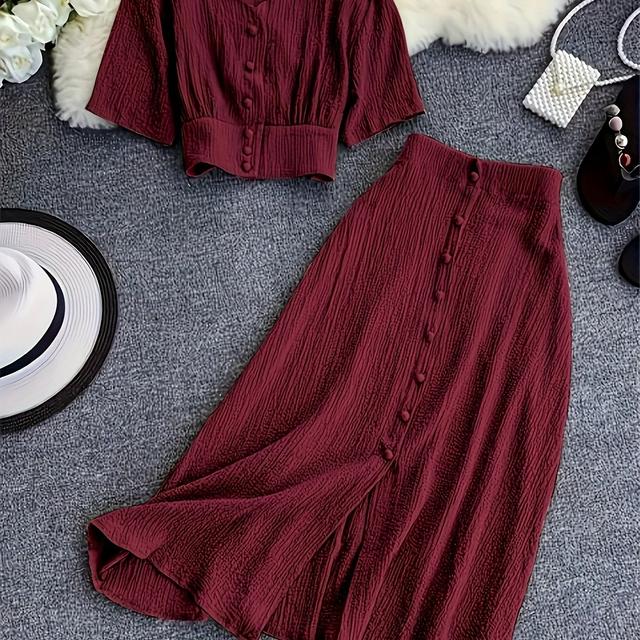 TEMU Women's Elegant Two-piece Set - V-neck Short Sleeve Top & Mid-length Split Skirt, Solid Color, Button Detail, Loose Fit, Fashion, Stylish , | Top|button Detail Skirt