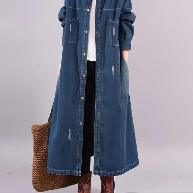 TEMU 女性用ロングデニムシャツドレス - トなデニム、ボタンフロントのゆったりフィットロングドレス、オフィスからウィークエンドまでのアウトフィット - 春/秋カジュアルからルまで、デニムドレス、クカラー、頑丈な構造、多目的服、ファッション愛好家向け、耐久性のある生地、ファッション意識のある女性