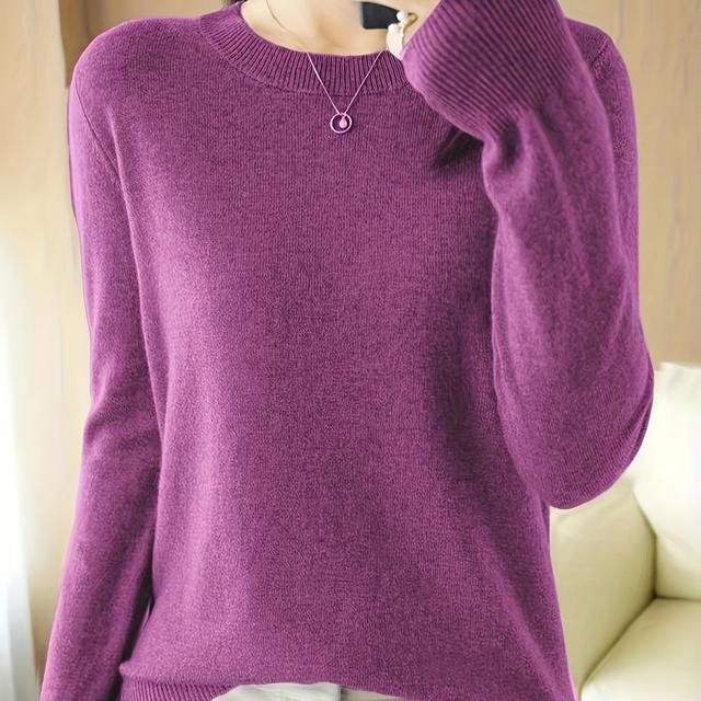 TEMU 우아한 단색 라운드 넥 스웨터 - 겨울용 따뜻한 긴팔 고탄력 블라우스, 가을 & 겨울용 기계 세탁 가능한 코지 스웨터, 사무실 & 반정장 착용, 재고 있음 (특별 주문 불가)