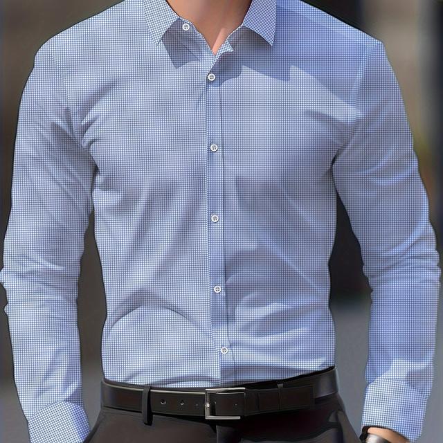 TEMU Herren-Slim-Fit-Karo-Hemd, 100 % Polyester, -Arbeitsstil, nicht dehnbares Gewebe, Revers-Kragen mit Knopf-Details, klassisches Druck-Long-Sleeve-Kleidshemd