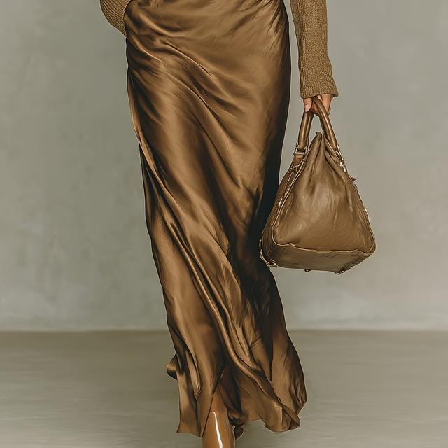 TEMU 레이디스 패션 골든 브라운 새틴 미디 드레스