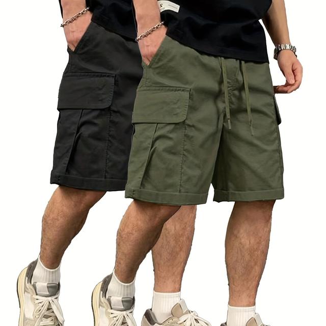 TEMU Pantalones cortos de trabajo casuales para hombre, multicolor sólido, con múltiples bolsillos [Dos piezas]