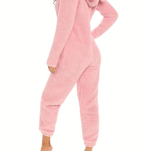 TEMU Fuzzy Hooded Pajama Jumpsuit For Music Festival, Comfy & Cute Long Sleeve Zipper Pajamas, Women's Lingerie & Sleepwear