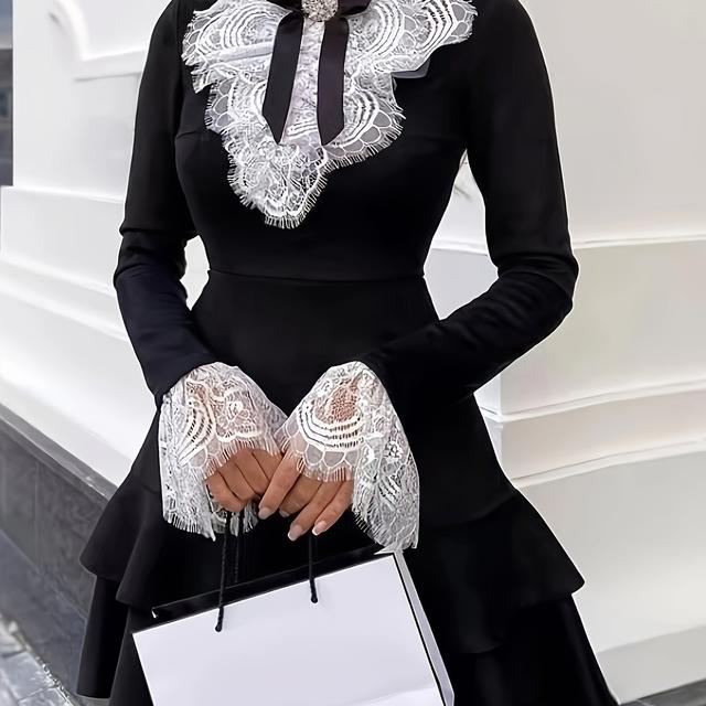 TEMU Europäisch-Amerikanisches Mode-Kontrastspitze-Langarmkleid mit Taillenbund und eleganter Schnürung