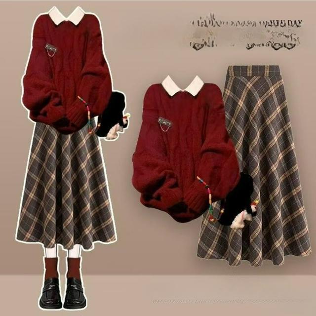 TEMU 【女性用】ルーズな長袖シャツ、セーター、ハイウエストのチェック柄スカートの。秋と冬に最適、韓国風