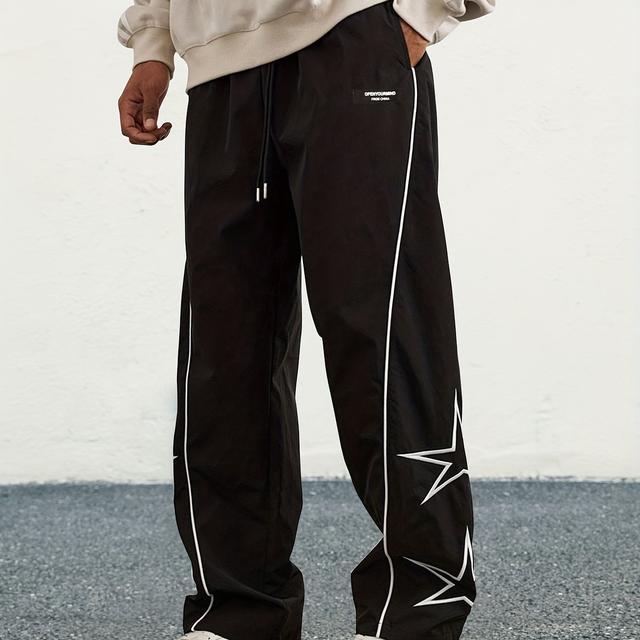 TEMU Pantalon à jambes larges pour homme, avec cordon de serrage et broderie d'étoiles, pantalon élégant et confortable pour homme