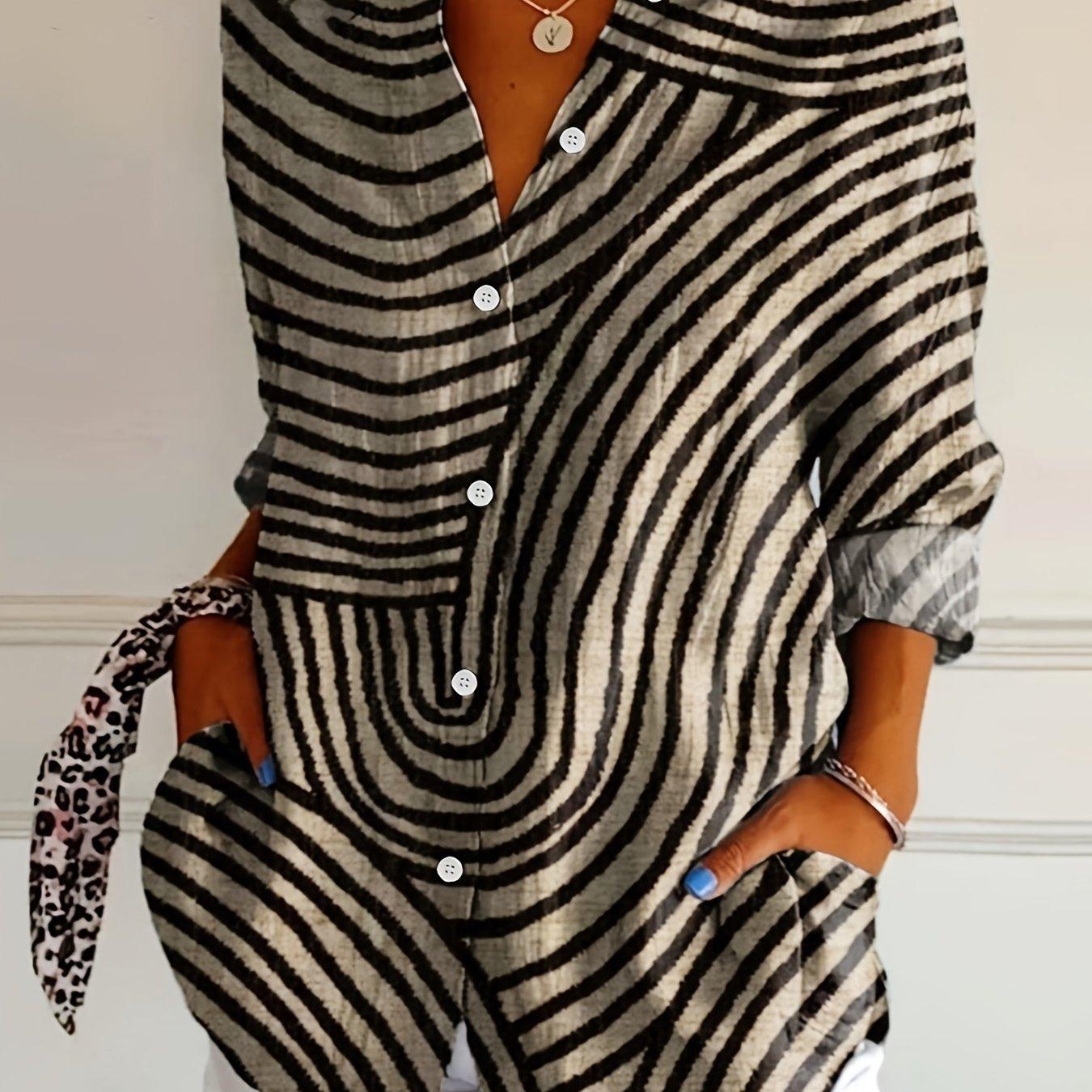 TEMU European And American New Striped Print Turn- Collar Fashion Button Casual Long Sleeve Shirt For Women