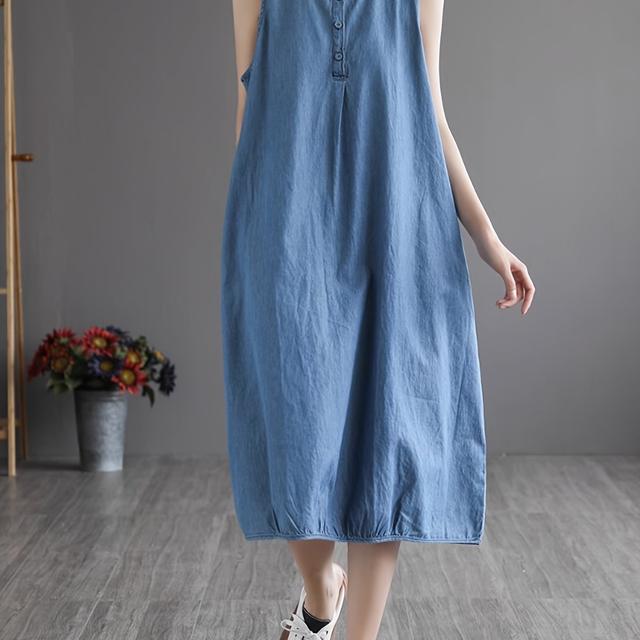 TEMU 女性用ノースリーブデニムドレス - 軽量ポリエステル100％カジュアルサマードレス、プラスサイズ丈無地色、通気性＆手入れ簡単春/夏向け、通気性のあるサマードレス｜カジュイル｜軽量生地