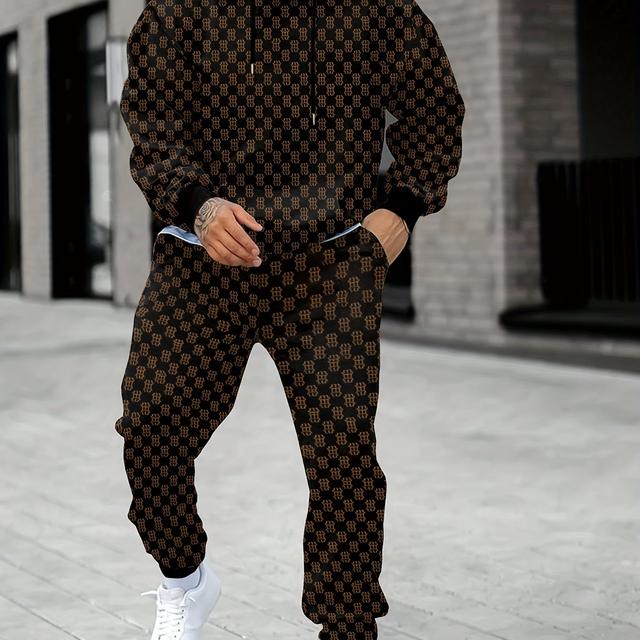 TEMU Men's Autumn Two-piece Hoodie Set Featuring A Color Scheme With Stylish Geometric Letter Prints. The Outfit Includes A Long-sleeve Hoodie With A Drawstring Hood, Ribbed Cuffs, Hem, And Pant Legs