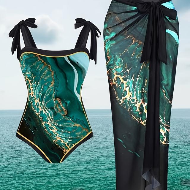TEMU Damens Plus Size Mode Casual Urlaub Sternenhimmel Digitaldruck Einteiliger Badeanzug + Wickelrock Zweiteiler Set
