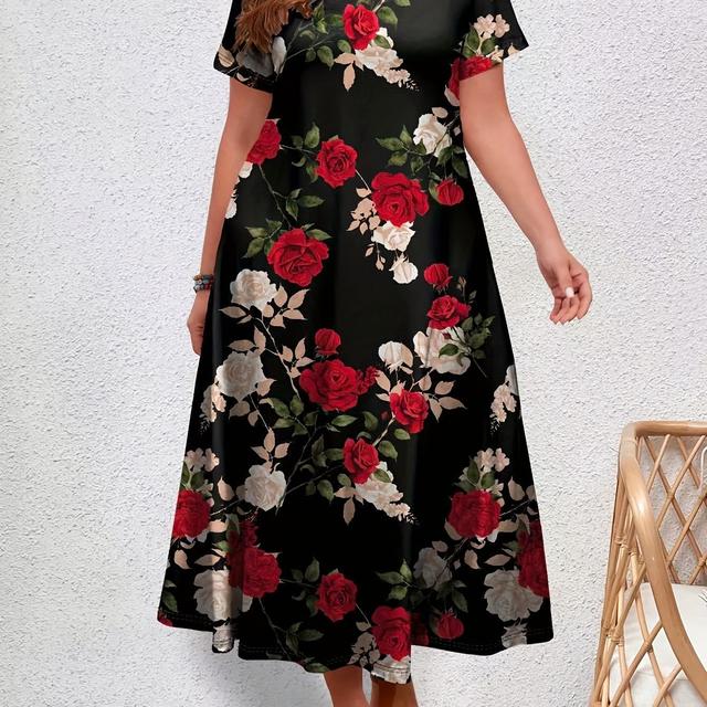 TEMU Vestido Tunic Floral com Decote em V para Mulheres, 95% Poliéster 5% Elastano, Tecido Malha, , Corte , Estilo Casual de /Verão, Comprimento Longo com Leve Elasticidade - 190g/m²