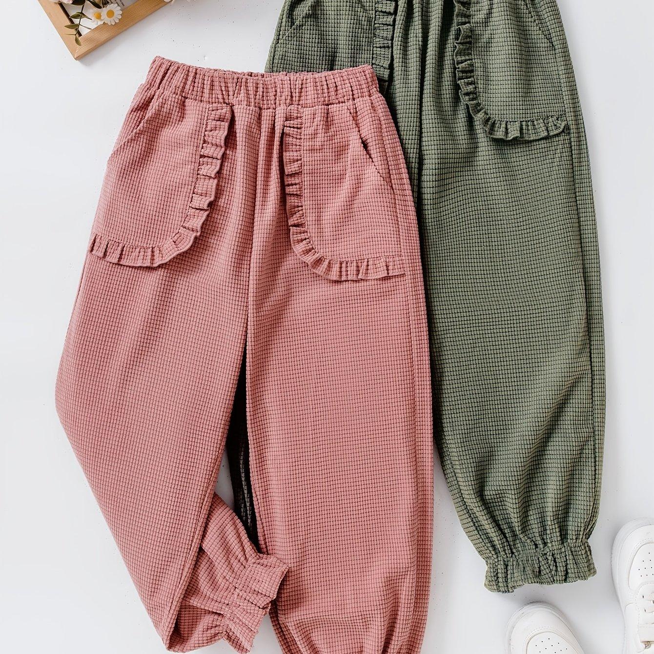 TEMU 2-teiliges Set elegante Mädchen-Flanell-Jade-Kordhose mit Spitzen-, bequeme und stilvolle Herbst-/Winter-Hosen für Freizeitlook im Outdoor-Look