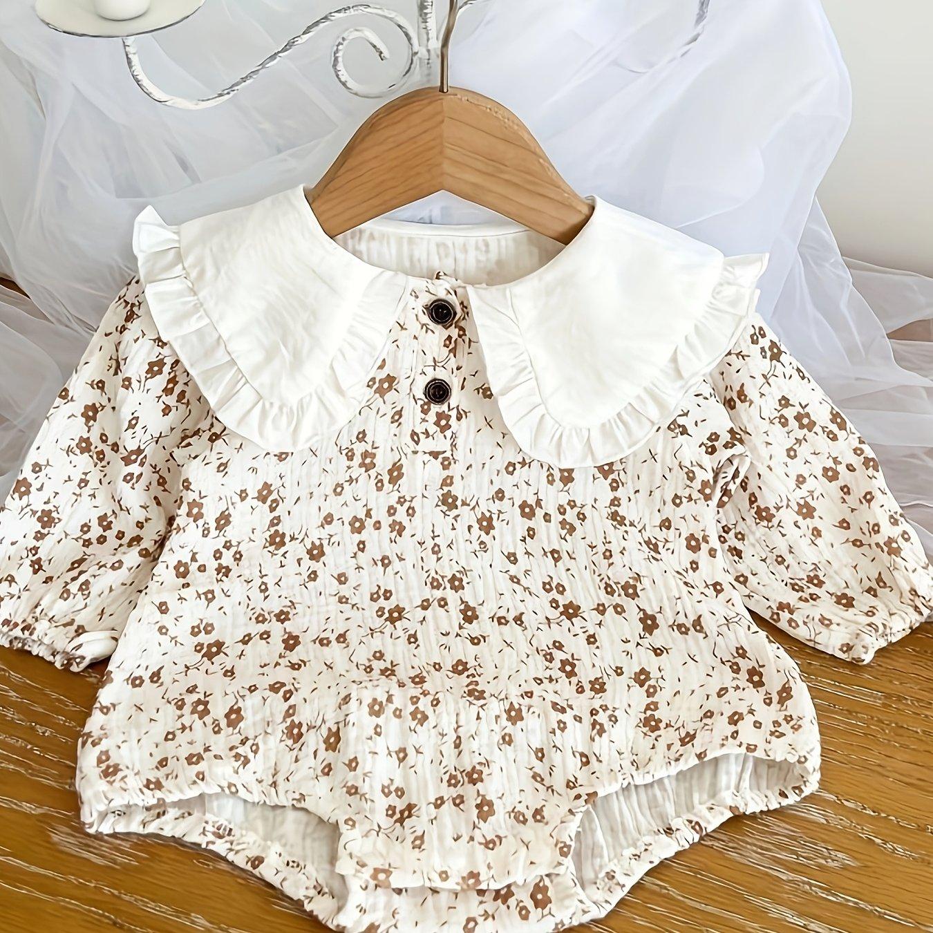 TEMU Stylish Autumn Outfit For Baby Girls, Double-layered Floral Romper, Perfect For Crawling And Special Occasions