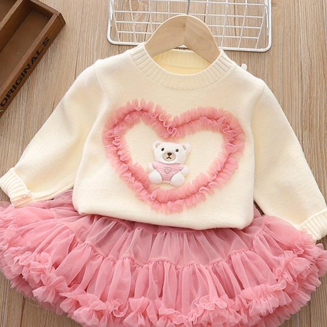 TEMU 2025 Lente Nieuwe Meisjes Trui Set, Tweedelige Outfit met een Pluizige Rok, Baby Jurk, en Gebreide Top