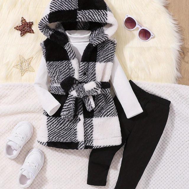 TEMU Dívčí trojdílná sada: Barevný plyšový mikina + dlouhý rukávový top + kalhoty, ideální pro venkovní nošení