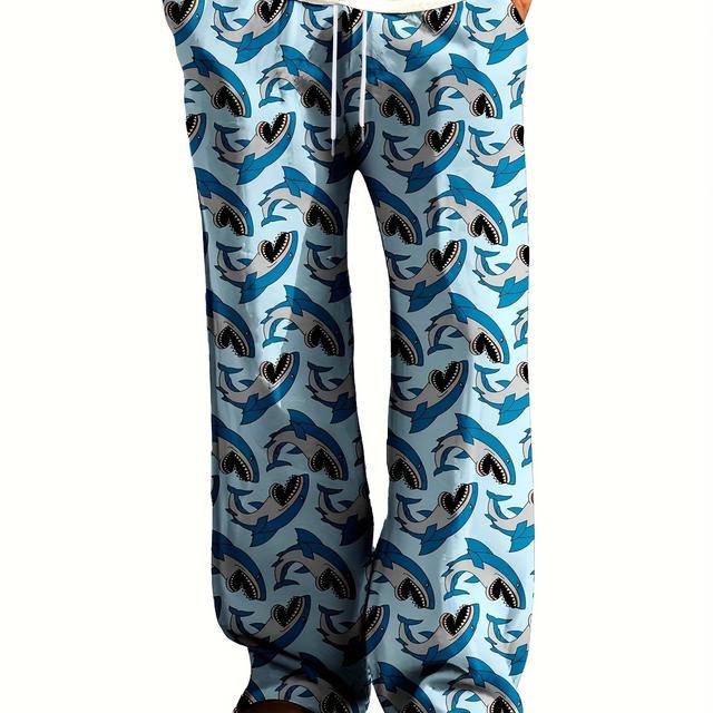 TEMU Men's Loose-fit Shark Print Pajama Pants - Blue Cartoon , Elastic Waistband With Drawstring, Comfortable Polyester Lounge Pants For Home Or Casual Wear