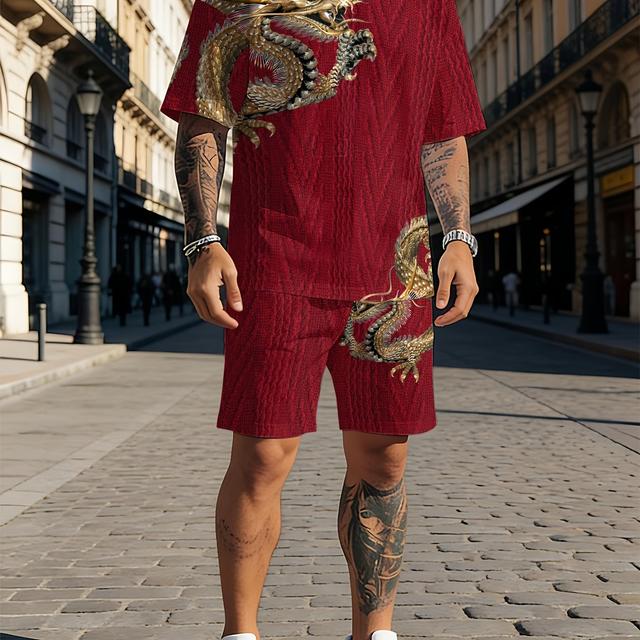 TEMU ชุดสปอร์ตแฟชั่นชาย 2 ชิ้น - เสื้อยืดคอกลมแขนสั้นและกางเกงขาสั้น พิมพ์ลายมังกร 3D ระบายอากาศได้ดี สวมใส่สบาย เหมาะสำหรับออกงานประจำวันและกิจกรรมกลางแจ้งในฤดูร้อน