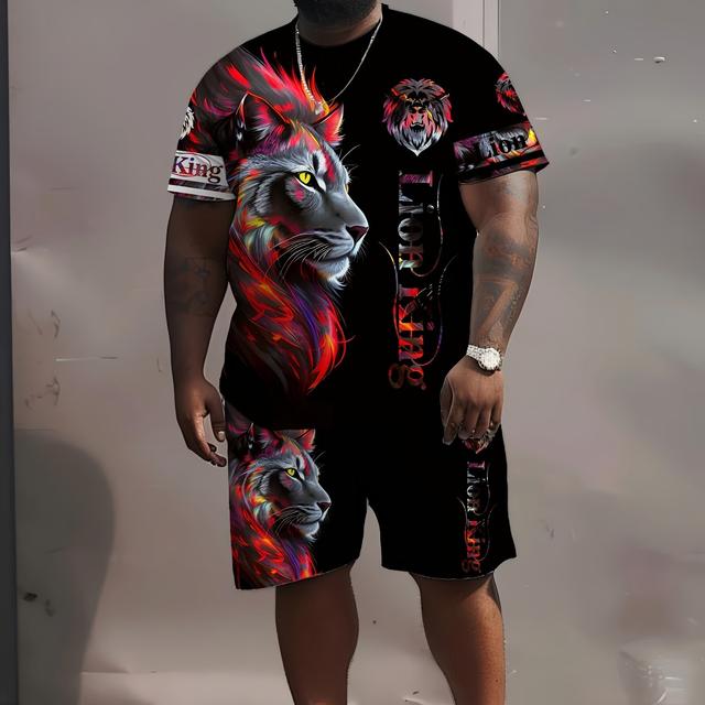 TEMU ชุดสูทพิมพ์ลายสิงโต 3 มิติขนาดใหญ่สำหรับผู้ชาย, ชุดสองชิ้นแขนสั้นคอกลมทันสมัย, หลากหลายลาย, เหมาะสำหรับกิจกรรมเล่นในฤดูร้อนและเสื้อผ้าผู้ชายสบายๆ สำหรับการพักผ่อนและการออกกำลังกาย, ขนาดพลัส