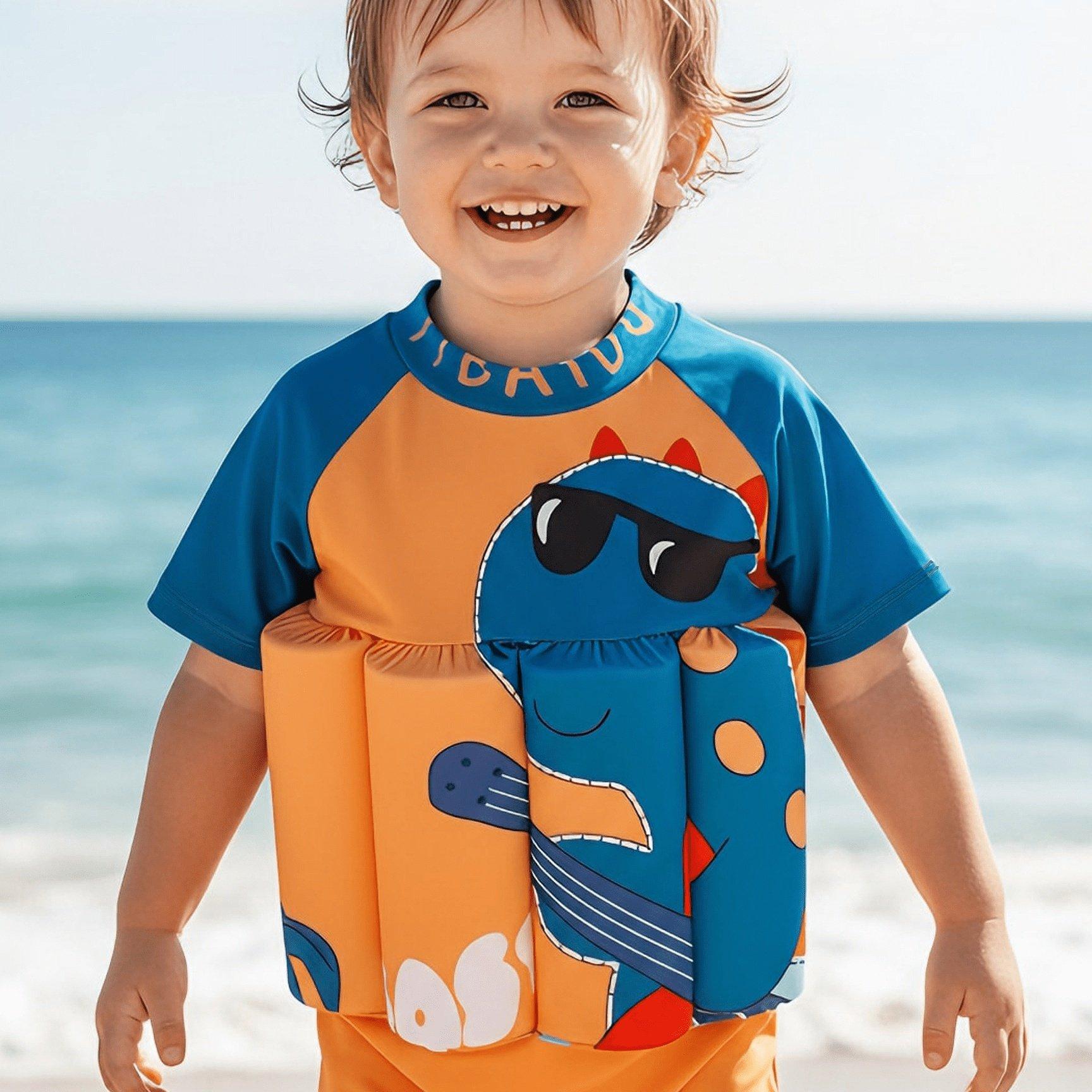 TEMU Boys' Short-sleeve Buoyancy Swimsuit, One-piece Swimwear With Detachable Buoyancy Sticks And Back Zipper