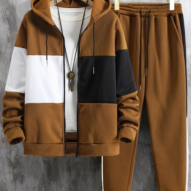 TEMU Men's Clothing, A Two-piece Set Featuring A Color- Long-sleeve Zip-up Hoodie And Drawstring Pants, Perfect For Outdoor Activities