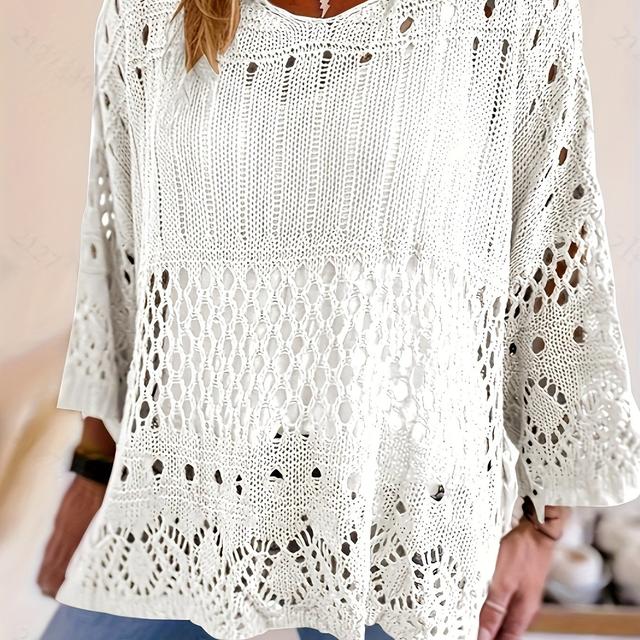 TEMU Plus Size, Oversized Strick-Oberteil mit 3/4-Ärmeln und Ausschnittsdesign – Sonnenschutz-Lockere Überwurf