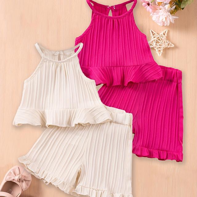 TEMU 4-teiliges schickes schulterfreies Mädchen-Set mit elegantem Tanktop mit Rüschen und Shorts, perfekt für einen und bequemen Sommer, für Outdoor-Aktivitäten