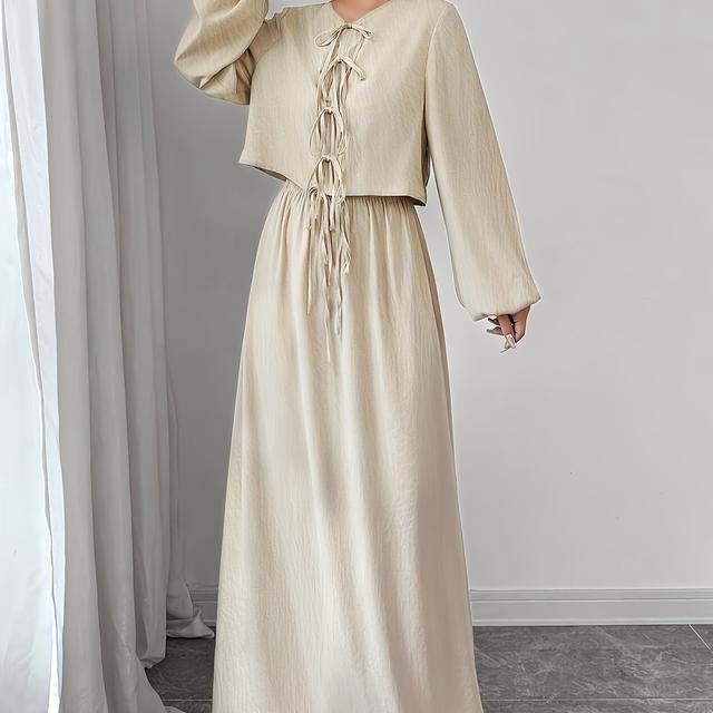 TEMU A Stylish And Elegant Vacation Set For Women Featuring A Loose Lantern Sleeve Shirt With Tie And A High-waisted Drawstring Skirt.