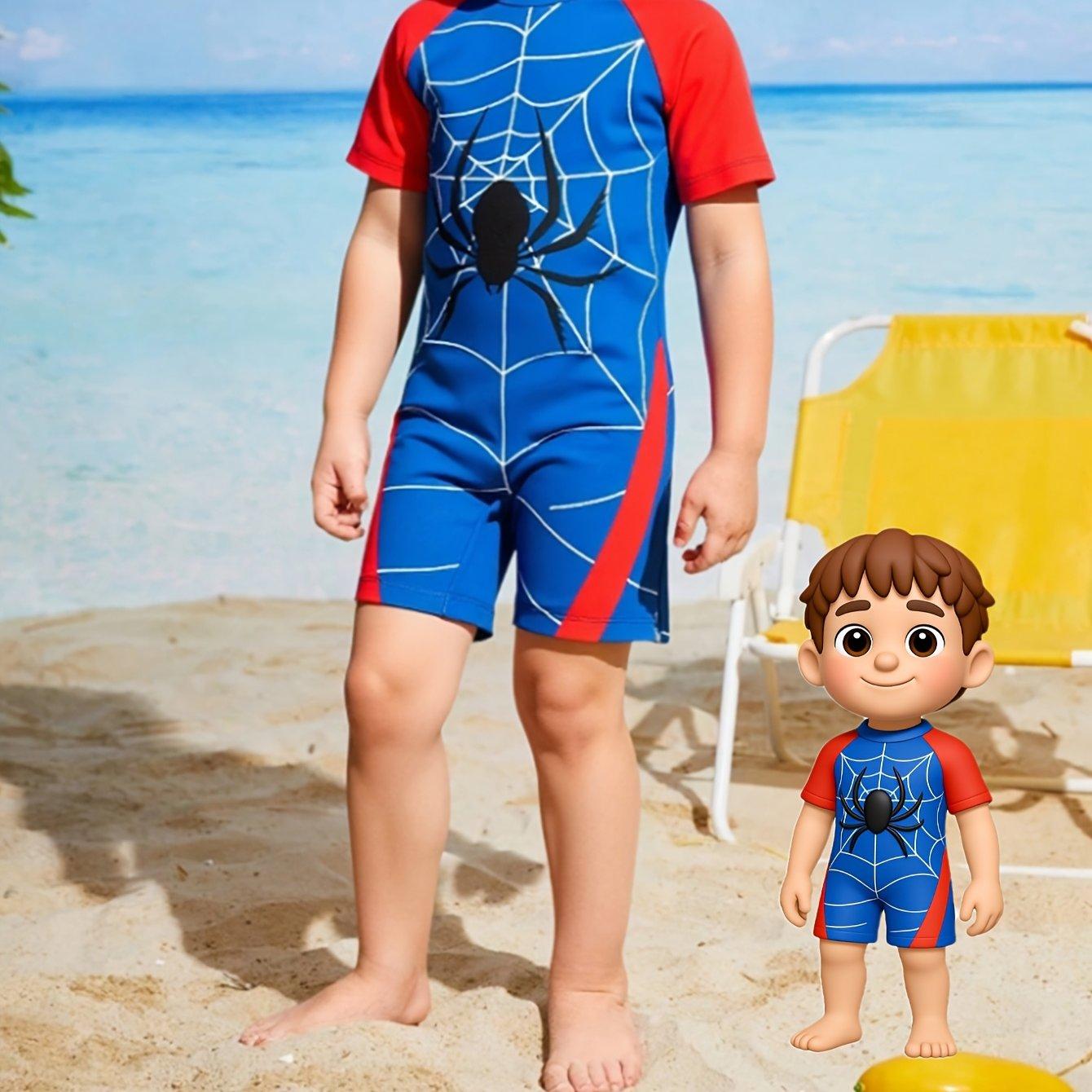 TEMU Spider Print Boys' Spring/summer Beach Casual One-piece Swimsuit