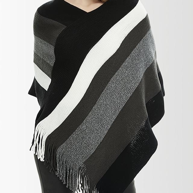 TEMU مقاس كبير - مقاس كبير للخريف والشتاء، قميص كابيه بفتحة رقبة على شكل حرف V، مخطط، بألوان متباينة، مع شراشيب، بتصميم اسكتلندي إنجليزي للنساء، دافئ