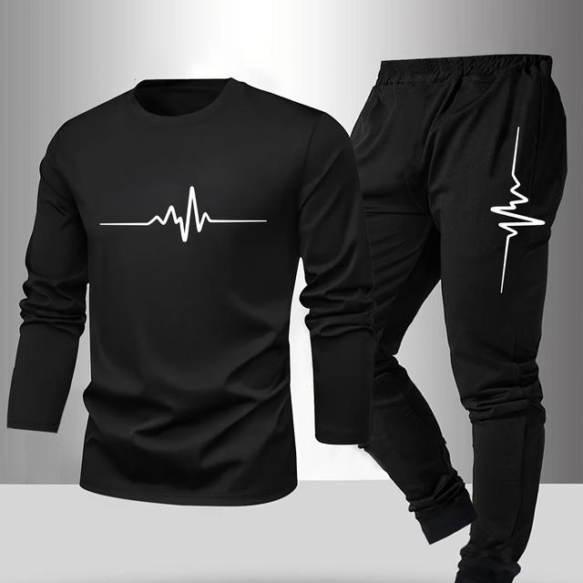 TEMU Ensemble de 2 pyjamas pour homme 100% coton, parfaits pour , l'été, et l'hiver. Composés de manches longues et de pantalons avec un motif géométrique ECG stylé, idéaux pour se vêtir à .