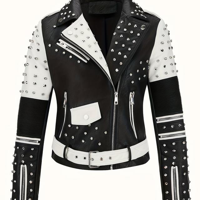 TEMU Damen Motorradjacke aus PU-Leder mit Nietendetails, Schwarz-Weißes Kurzes Biker-Mantel aus PU-Leder, Lässiger Stil für Frühling, Herbst und Winter, Reißverschluss, Langarm, A-Schnitt