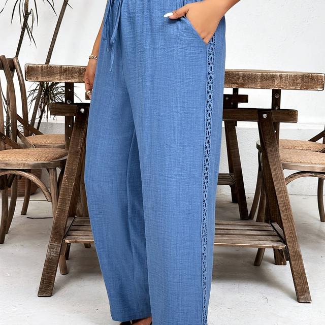 TEMU Talla Grande - Moda para Tallas Grandes con Ribete de Encaje, Cintura Elástica y Pantalones de Pierna Ancha de Color Sólido