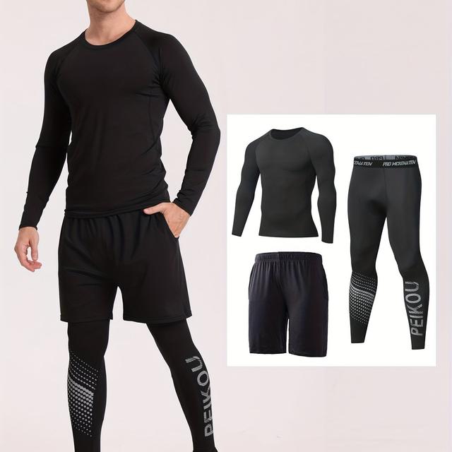 TEMU 3pcs Men's Long Sleeve Round Neck Tops Shirts & Shorts & Leggings Pants, Compression Workout Gym Set, Sports Shaper Set