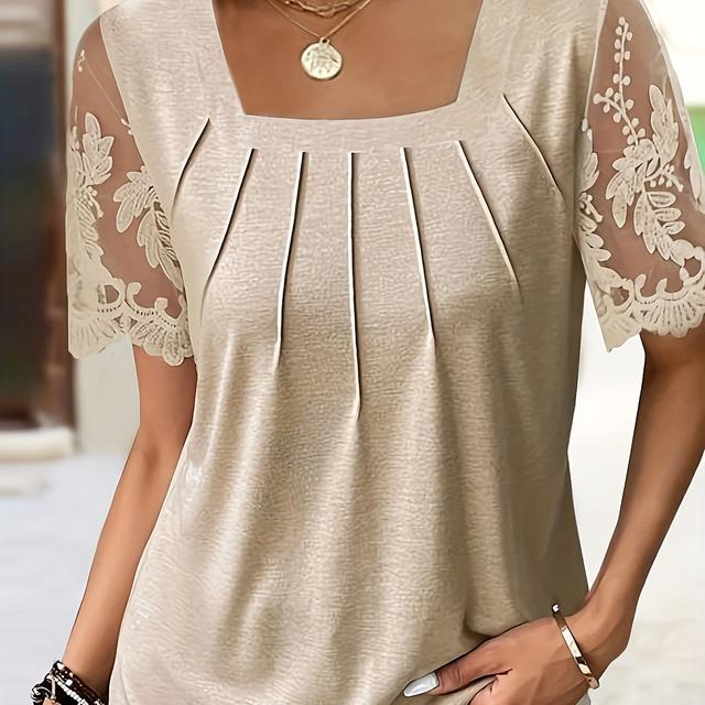 TEMU Top à manches courtes et en élégant pour femmes, avec broderie en de couleur unie.