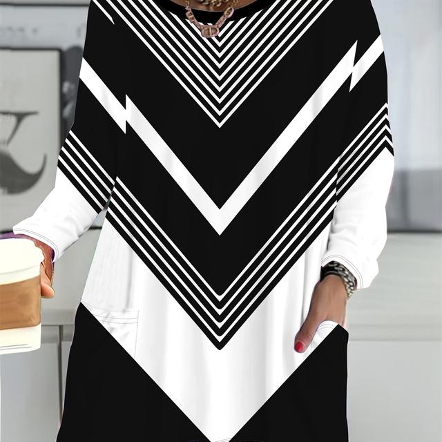 TEMU 1pc Elegant Plus Size Women's Long Sleeve T-shirt With Geometric Print And Pockets, Polyester Knit Fabric With Stretch, Crew Neck, For Spring/fall