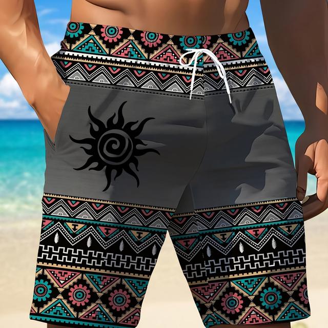 TEMU Printed Design – Not Textured Men's Stylish Geometric Print Beach Shorts - Vibrant Color With Motif, Casual & Comfortable Drawstring Waist, Summer Outdoors, Flexible Fabric, Plus Size
