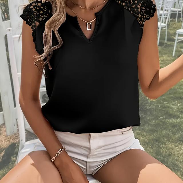 TEMU Blusa casual de decote em V para mulheres com de contrastante - Top elegante de cor sólida para /verão/outono, perfeito para atuário casual, blusa de senhora