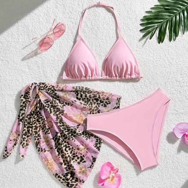 TEMU Pink Leopard Floral Print Teen Swimsuit Set - V-neck, High-stretch Knit Fabric, 3pcs With Bandeau Top & Bottoms, Vibrant Pink & Leopard Print Design For ' Vacation Styl