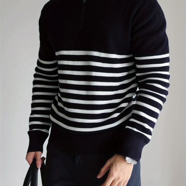 TEMU Striped Knit Sweater - Casual Long Sleeve, Half-zip Design, Medium Stretch, Solid Color, Regular Fit For Fall/winter, Sweater Vest