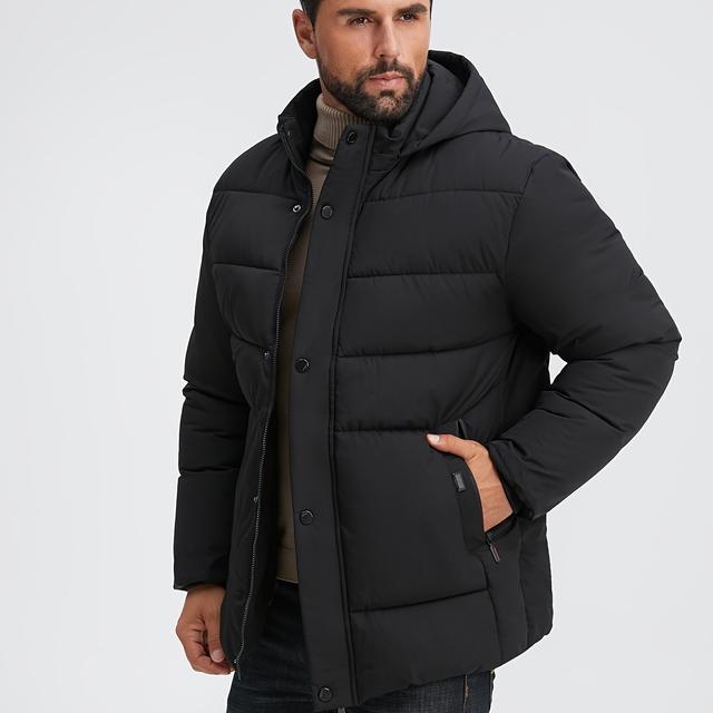 TEMU Men's Mid-length Winter Coat With Thickened Fleece, Resembling, Featuring A Removable Hood And Large Pockets