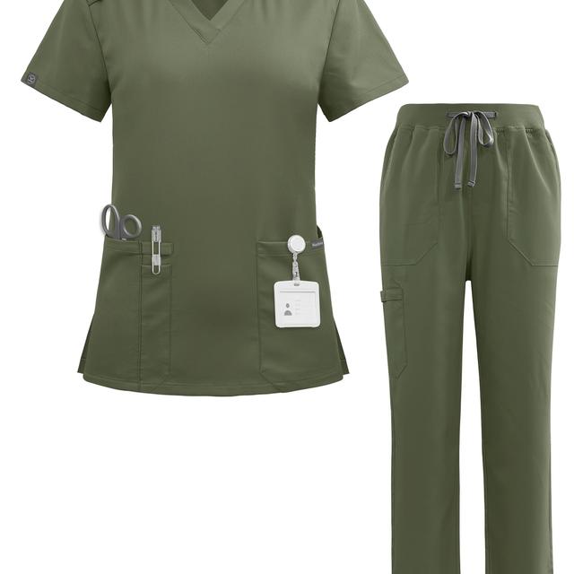 TEMU Frauen-Nursing-Scrub-Set - Kurzarm-V-Ausschnitt-Oberteil mit & Hose, Beige Uniformen für Frauen, für Gesundheitsdienstleister