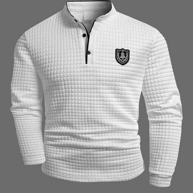 TEMU Herren Langarm Henley Shirt mit Brustbuchstaben-Patch, strukturiertes Karomuster für den täglichen Gebrauch