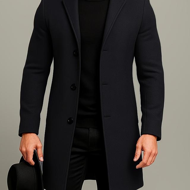 TEMU Herren Tweed-Mantel in mittlerer Länge, einreihig, einfarbiger Trenchcoat für Herren