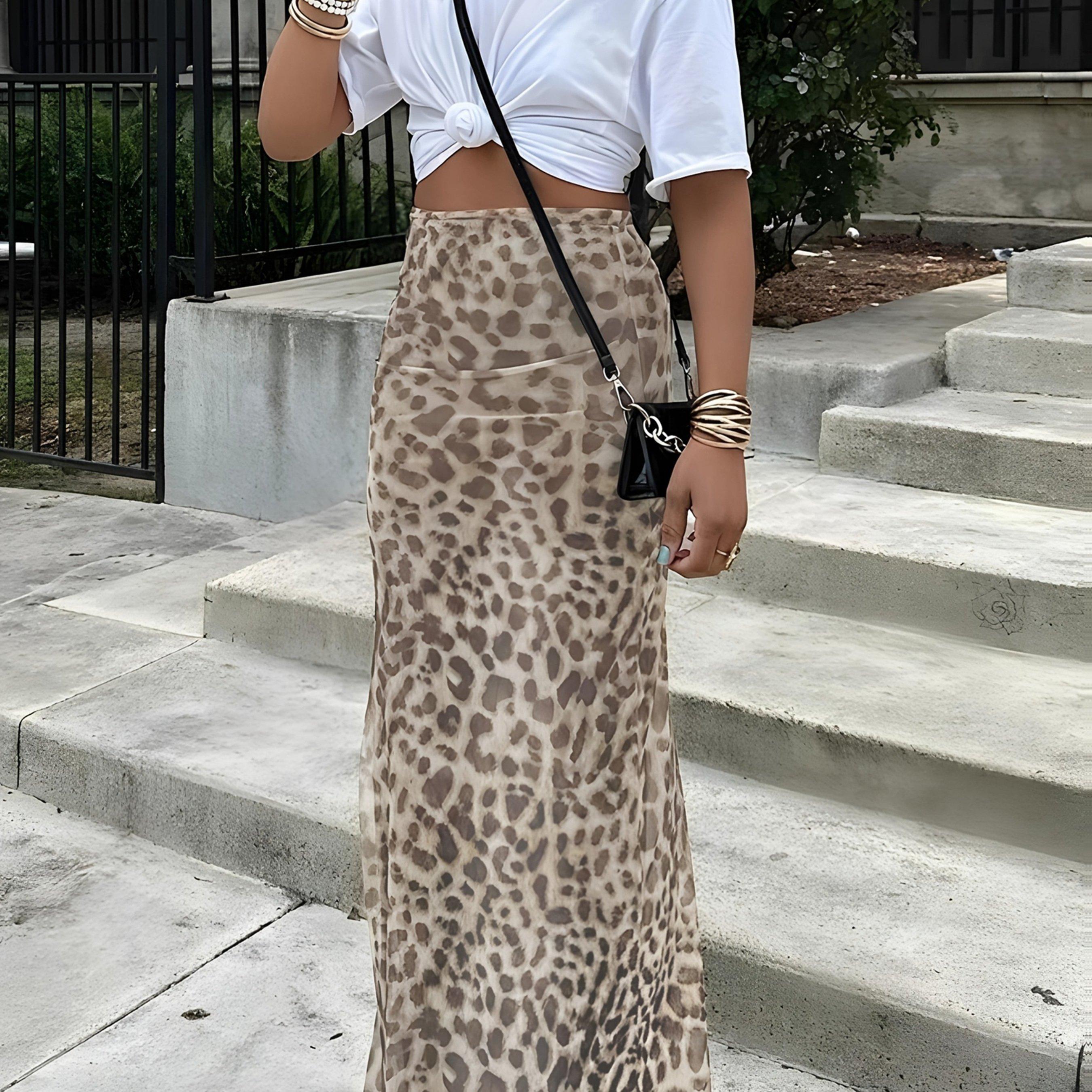 TEMU Women's Spring/summer New Arrival Leopard Print Sexy Versatile Hot High-waist Slit Skirt