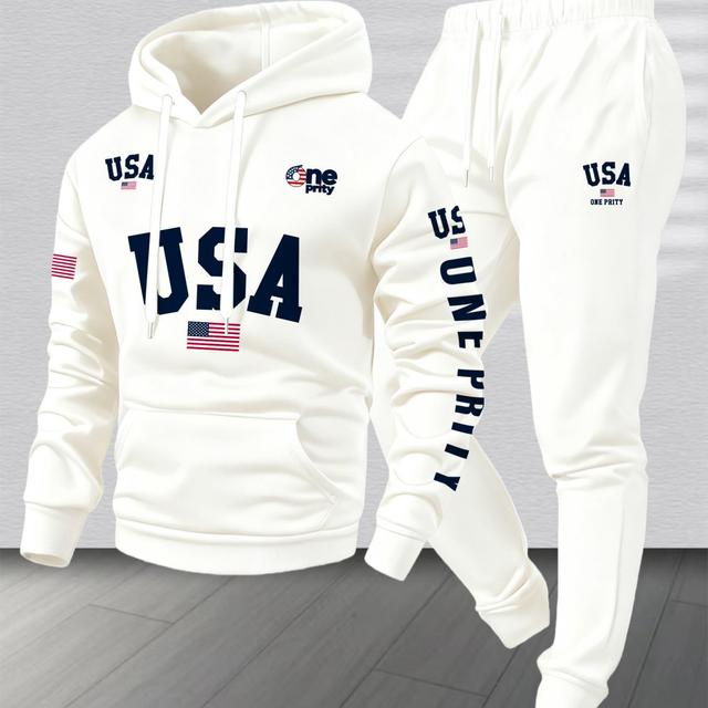 TEMU Men's Casual And Streetwear Two-piece Set Featuring A White Hoodie And Sweatpants With An American Flag Print, Perfect For Daily Wear